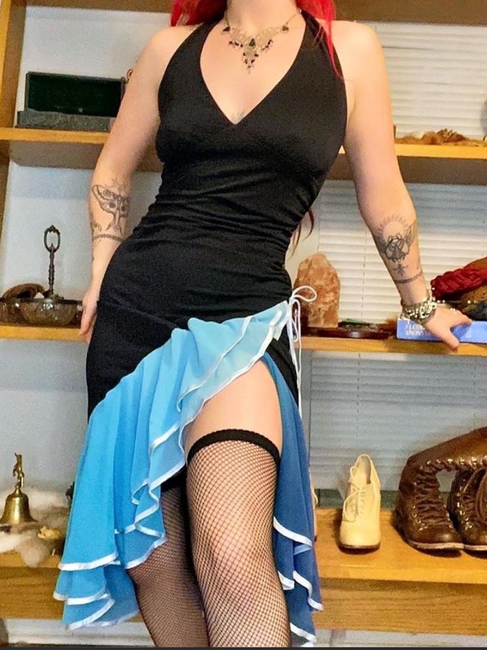 Black Halter Dress with Blue Ruffle High-Low Skirt
